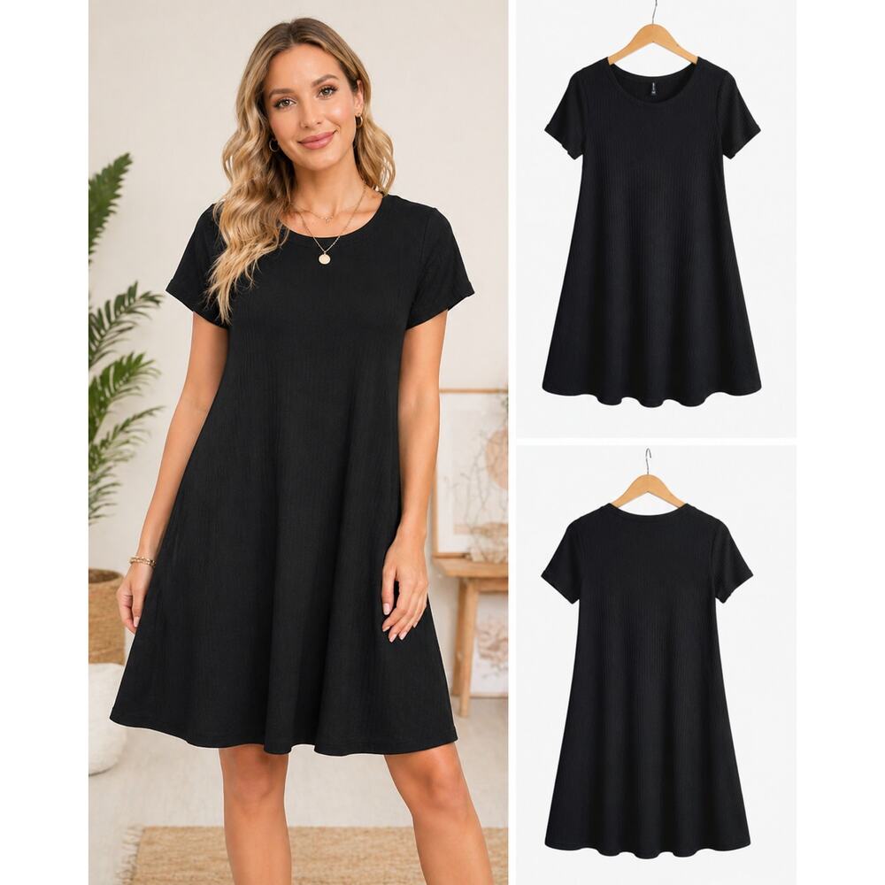 Imollence Black Waffle Knit Swing Dress Short Sleeve Stretch Size M